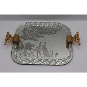 VTG Murano Venetian glass mirrored tray etched rope twisted edge-w/gold flecks